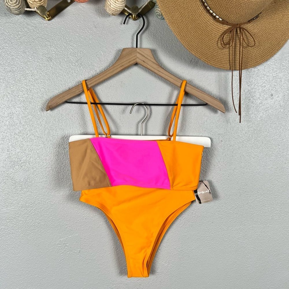 NWT ELLEJAY Lauren Colorblock High Waist Pink/Orange Bandeau Bikini Set XS/S - Picture 10 of 11